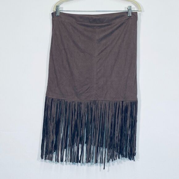 Anthropologie Bishop + Young Skirt Medium Brown Faux Suede Fringe Western Boho - Picture 2 of 7